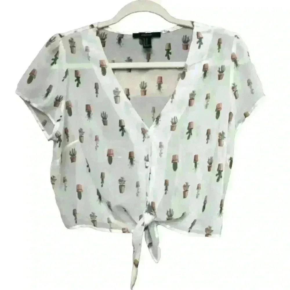 Forever 21 • Sheer Chiffon White Cactus Print Pattern Crop Top Tie Front Medium
